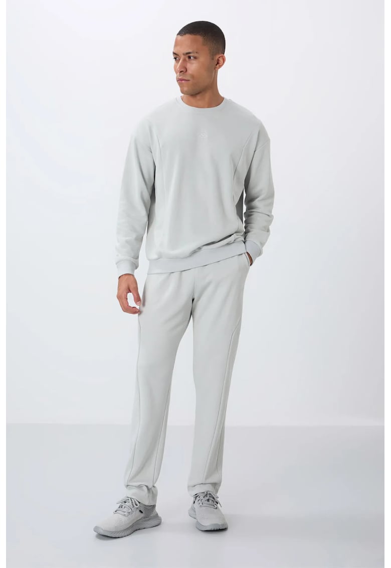 Set Trening Barbati Bumbac/Poliester - Hanorac cu Maneca Lunga si Pantaloni Asortati - Gri Deschis