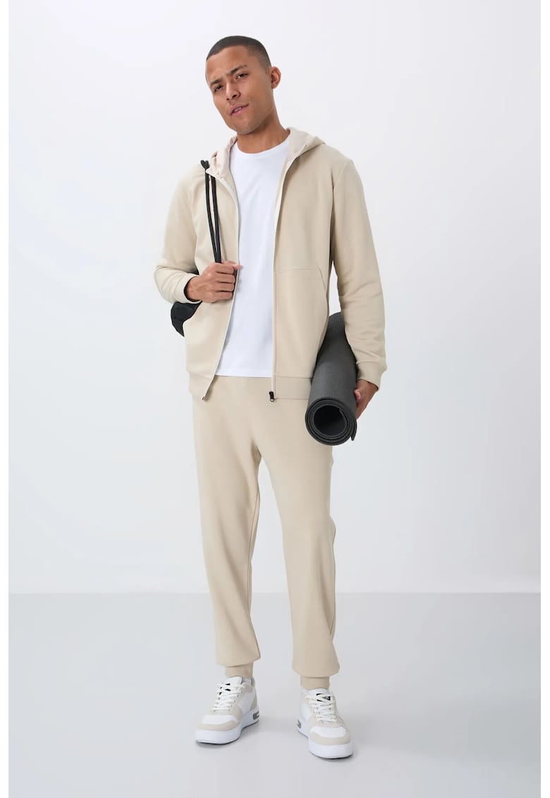 Set activ - hanorac cu gluga si pantaloni - bej natural - bumbac si poliester