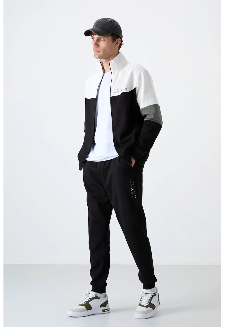 Set Trening Barbati - Bluza cu Fermoar si Pantaloni Color-Blocked - Multicolor - 70% bumbac - 30% poliester