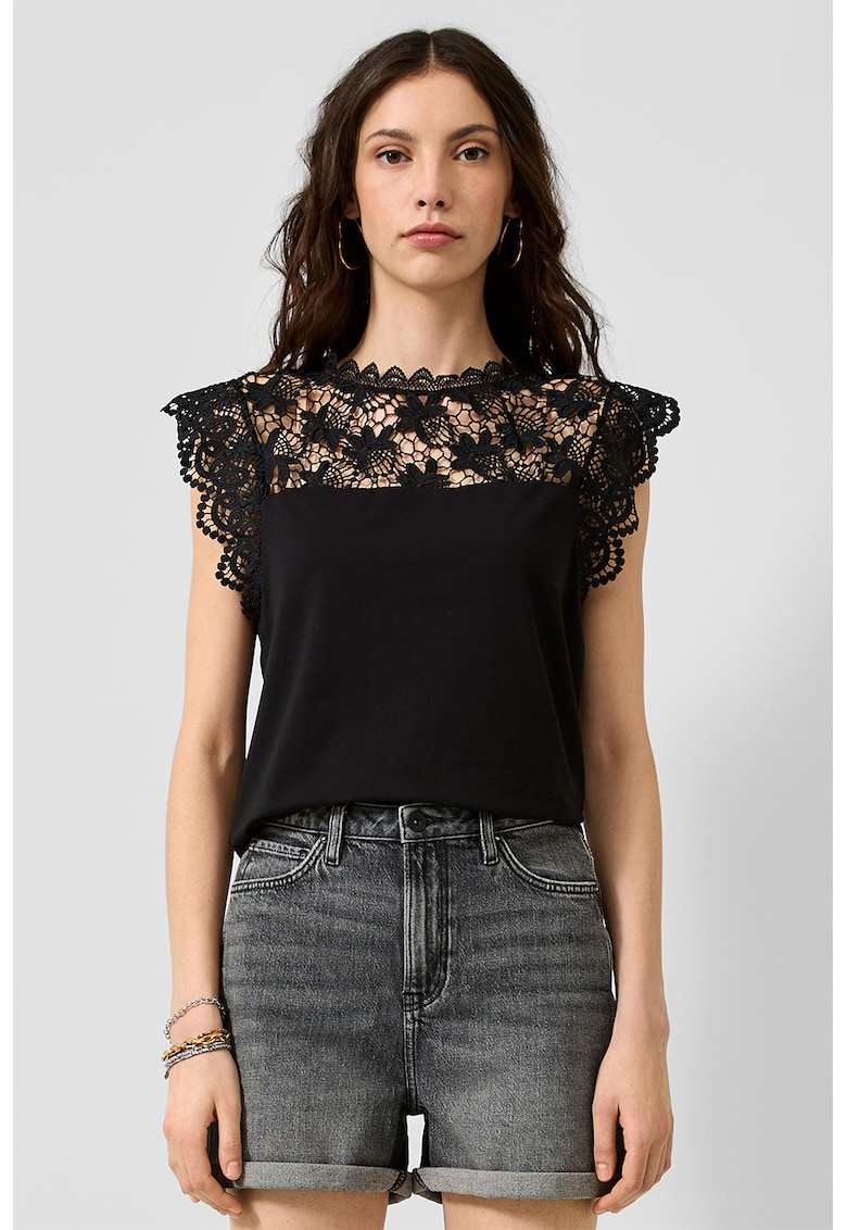 Bluza din amestec de bumbac cu segment crosetat - Negru stins