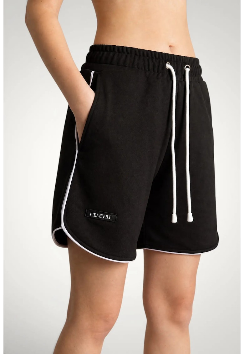 Pantaloni scurti de dama - din bumbac premium - cu banda alba - Negru
