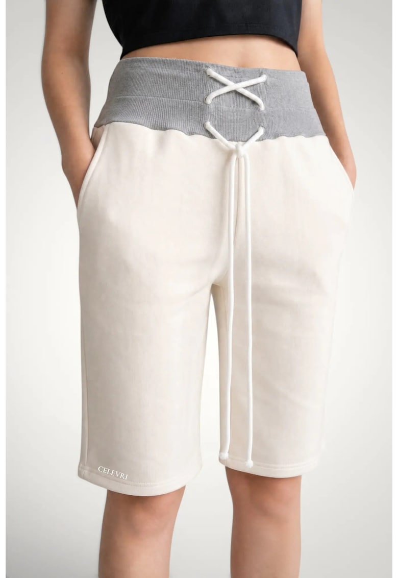 Pantaloni scurti 3/4 de dama - din bumbac premium - cu snur incrucisat in talie - Alb