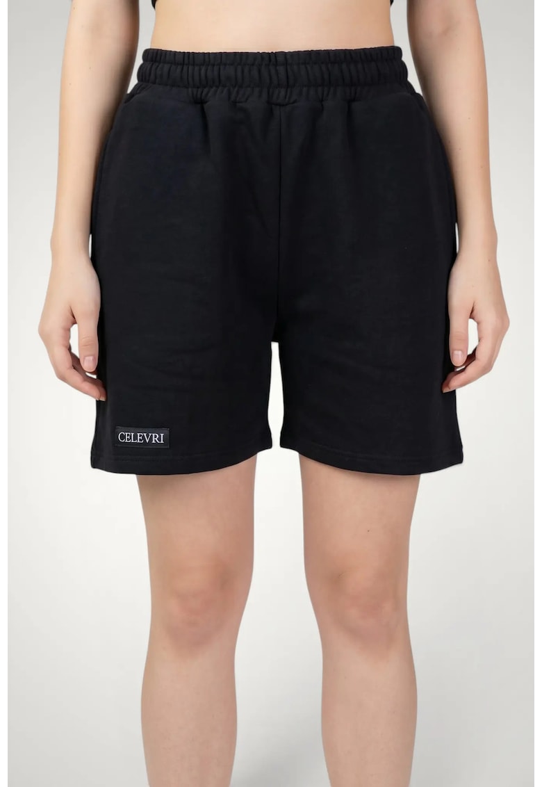 Pantaloni scurti de dama - din bumbac premium - cu elastic in talie - Negru