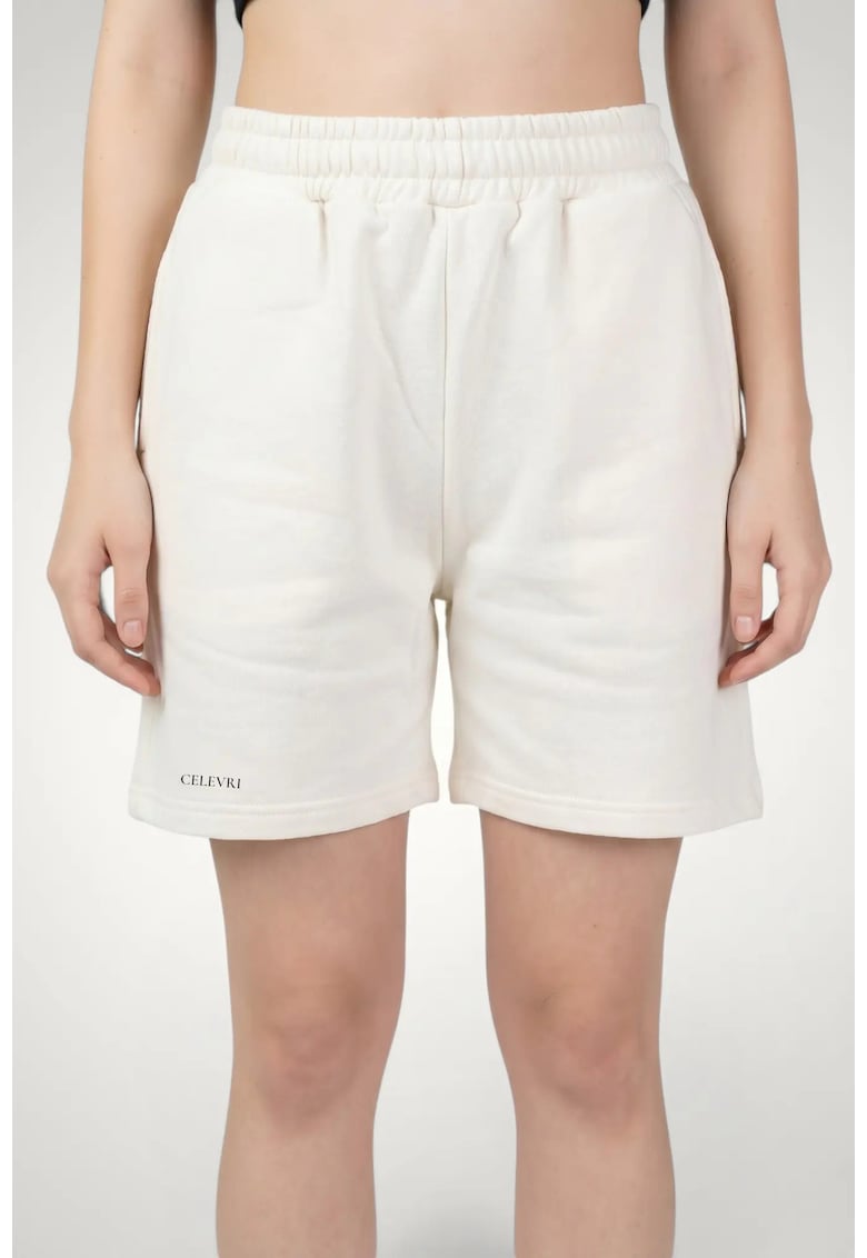 Pantaloni scurti de dama - din bumbac premium - cu elastic in talie - Alb