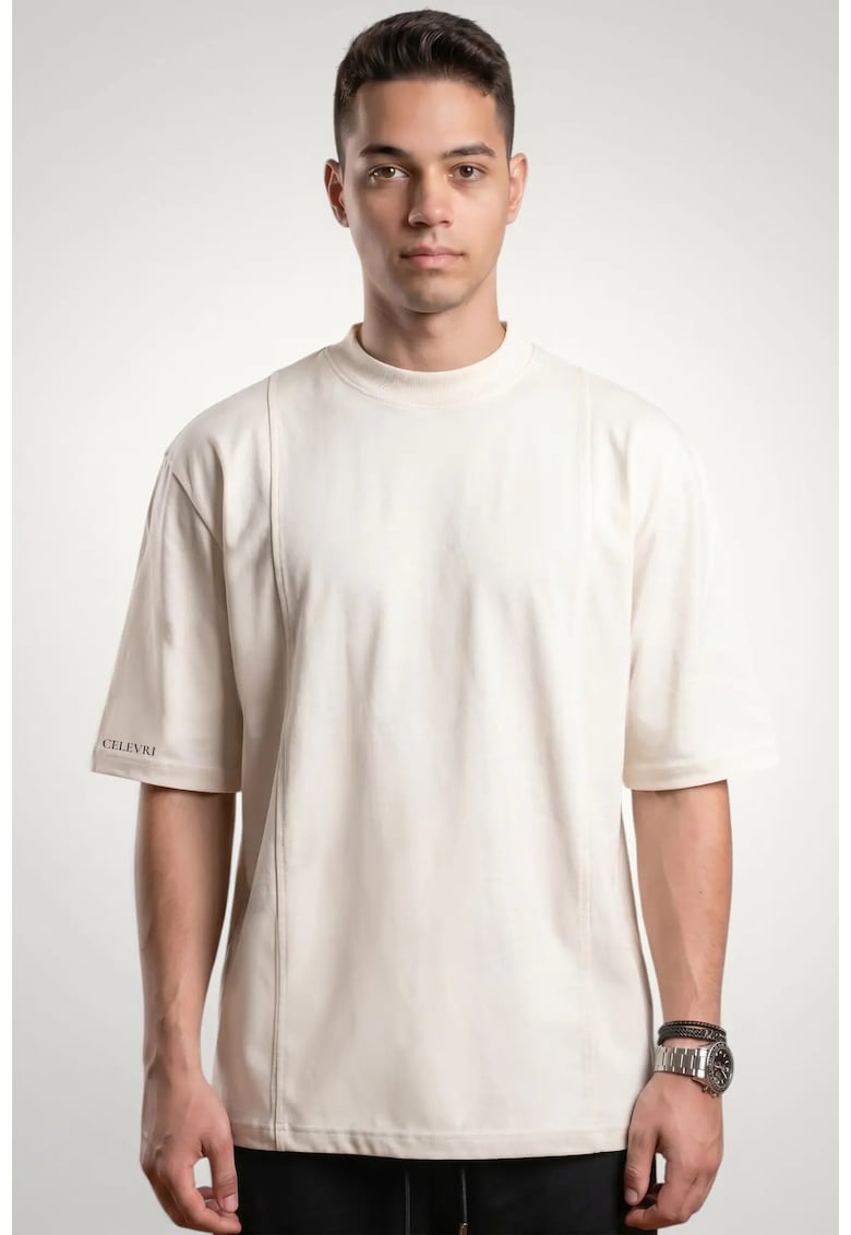 Tricou pentru barbati din bumbac premium - cusaturi ornamentale - Alb murdar