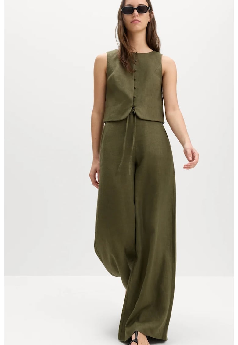 Pantaloni palazzo din amestec de in - Verde masliniu inchis