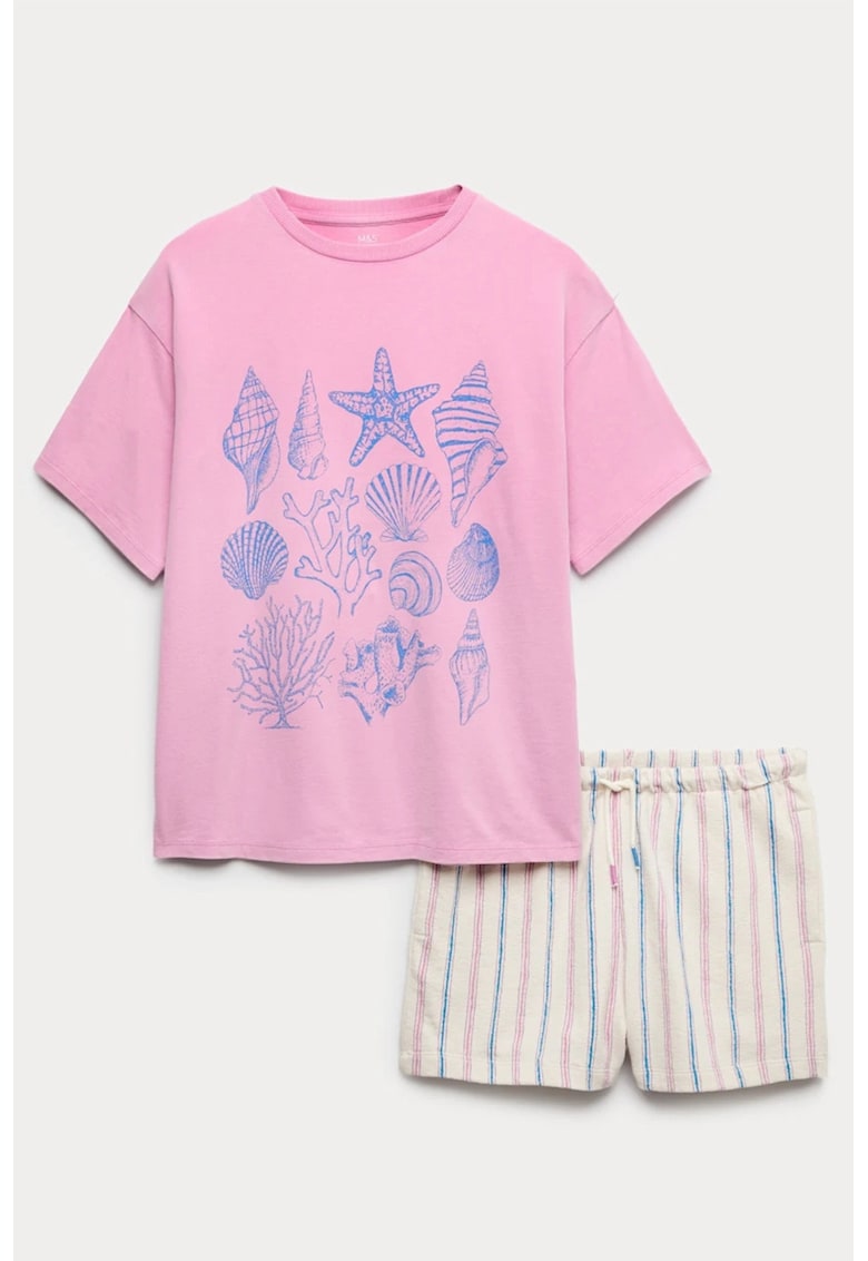 Set de pantaloni scurti si tricou cu imprimeu - 2 piese - Roz/Bej deschis