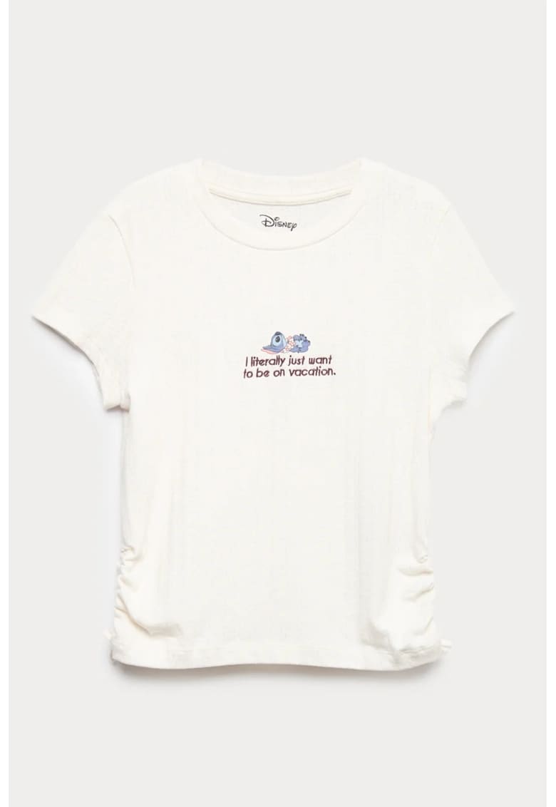 Tricou cu decolteu la baza gatului cu imprimeu Stitch - Alb murdar
