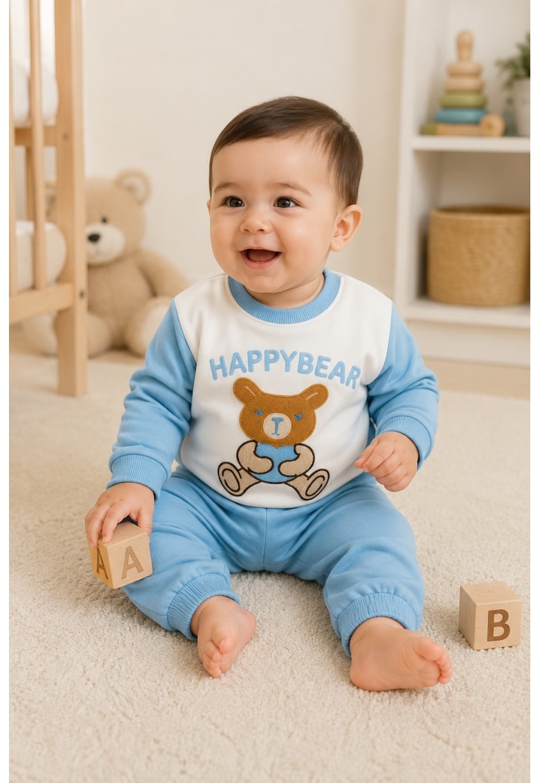 Compleu bebe baiat albastru happy bear 2 piese - bluza si pantaloni - bumbac moale