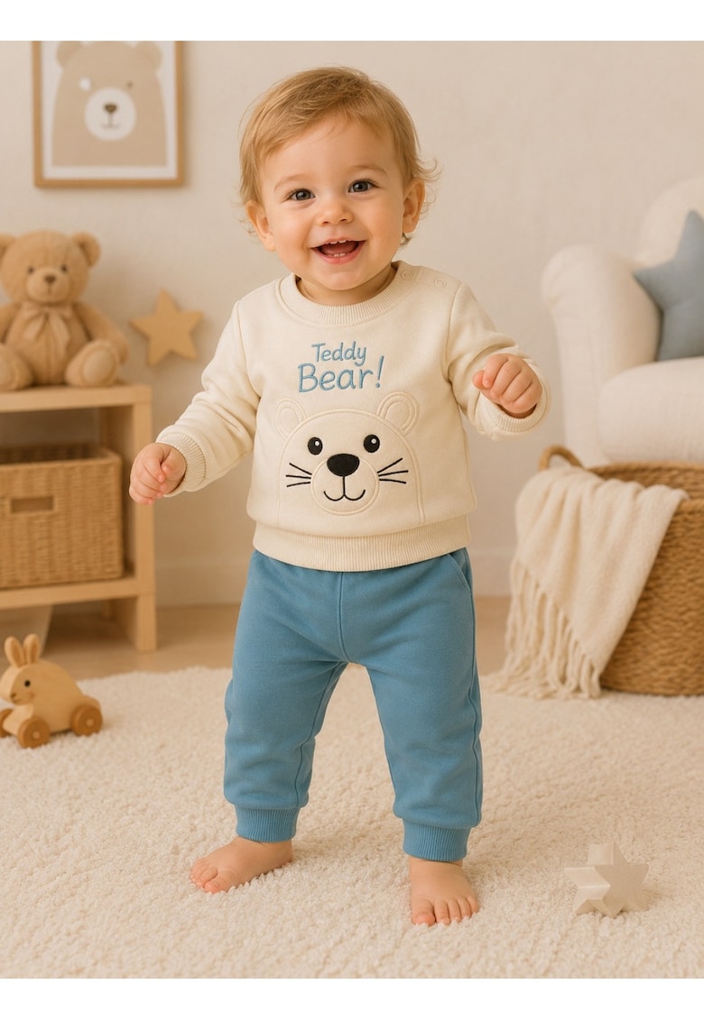 Costum bebe baiat 2 piese gri bleu din bumbac cu ursulet teddy bear si pantaloni comozi