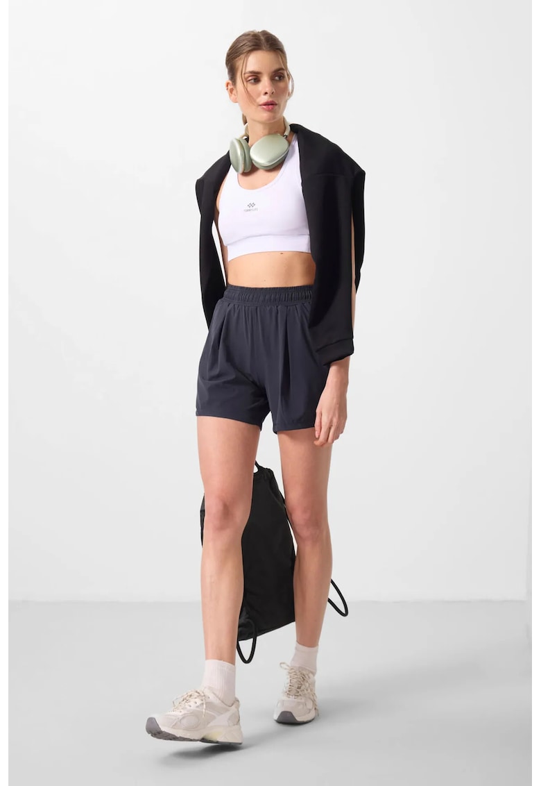 Pantaloni scurti - talie inalta - elastic - gri antracit - tricot din poliester si elastan