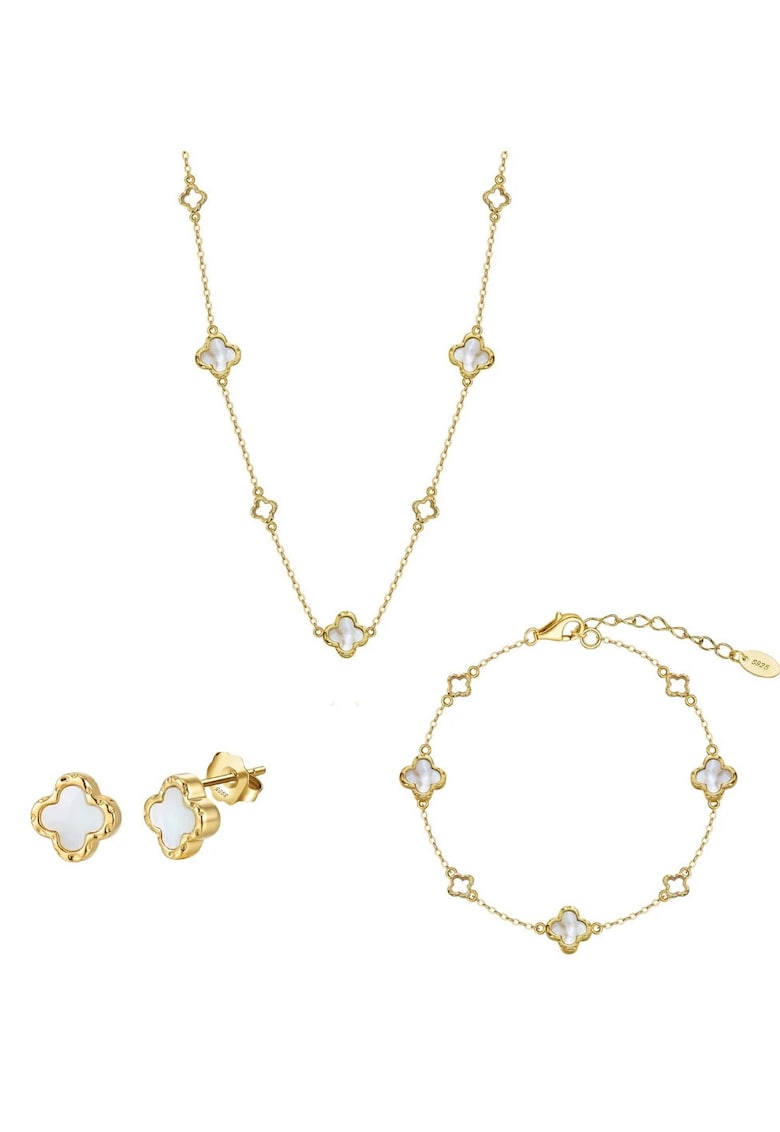 Set Trifoi Clover Pearl din Argint 925 Placat cu Aur 14K