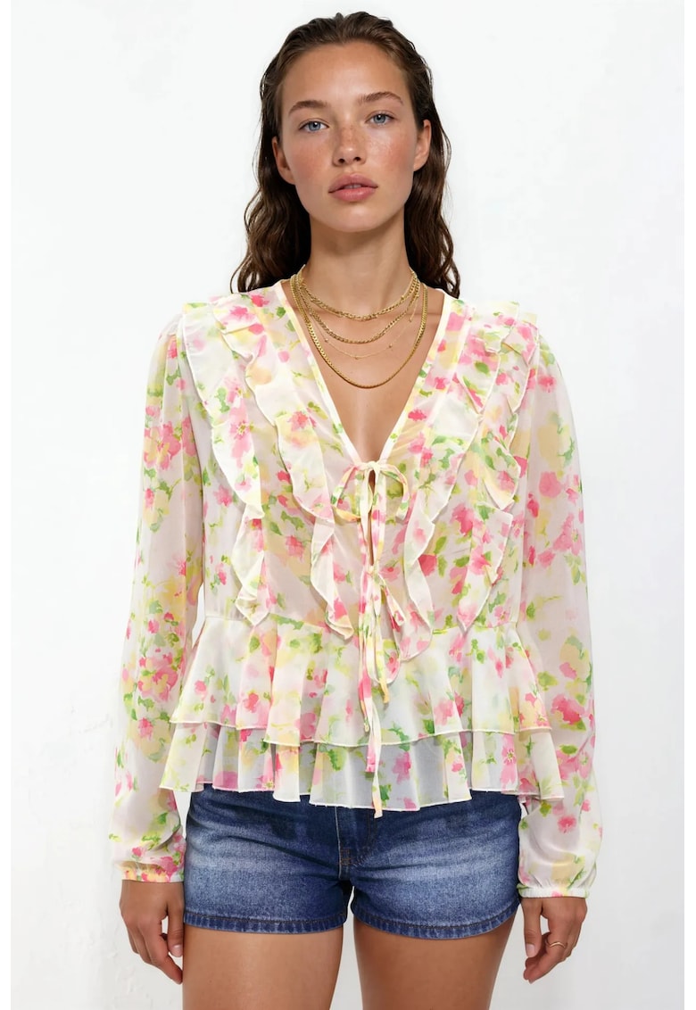 Bluza dama - cu volane - decolteu in V - natural - tul -