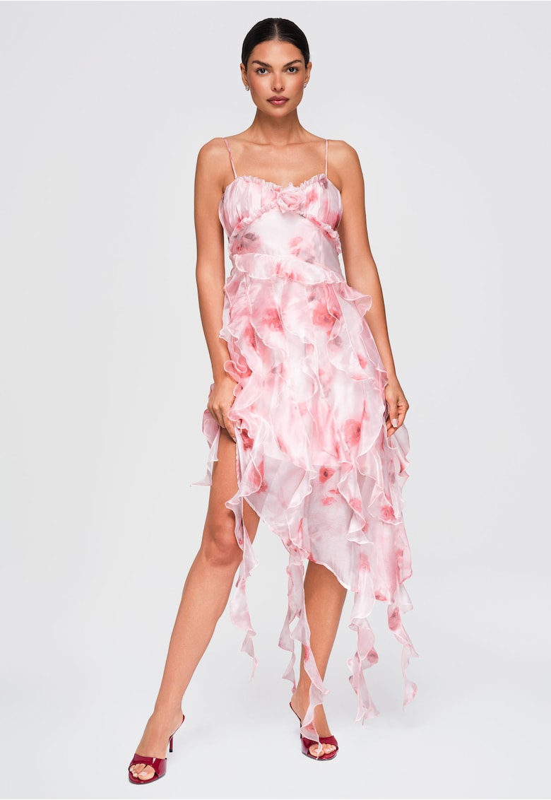 Rochie midi asimetrica cu aplicatie florala si bretele reglabile LA-OM-DLR406 - Roz