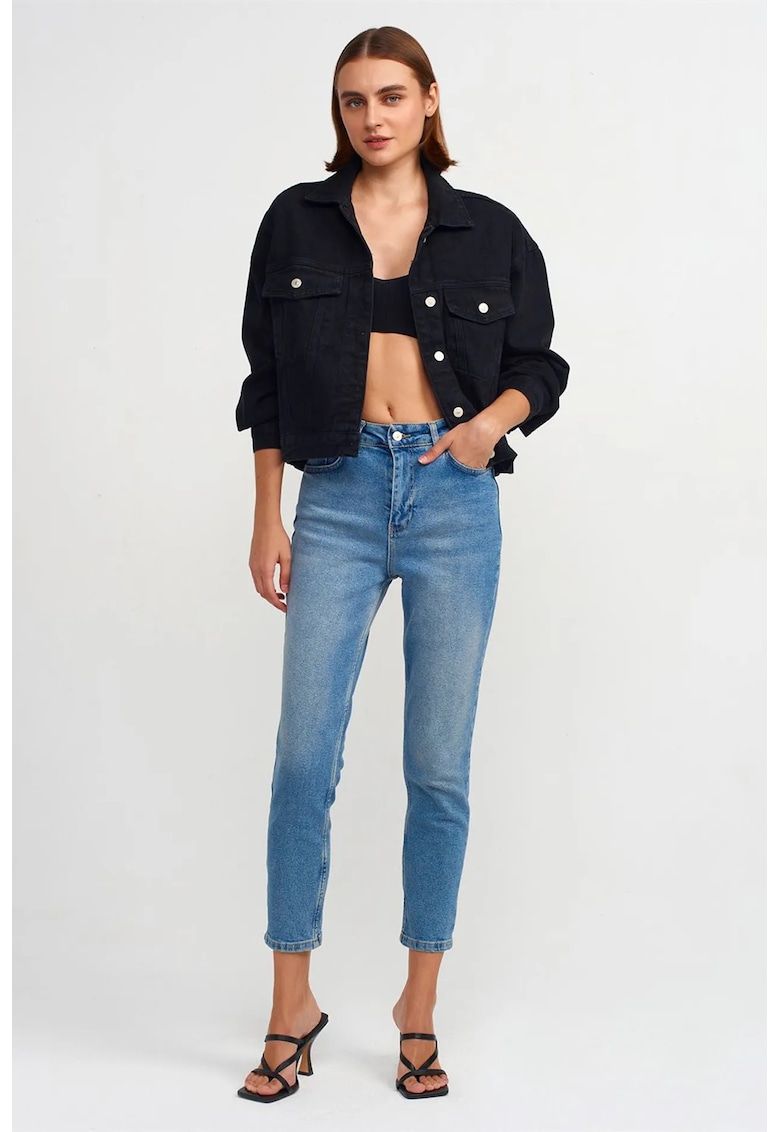 Blugi dama - slim drept - talie inalta - denim albastru deschis-mediu - 99% bumbac