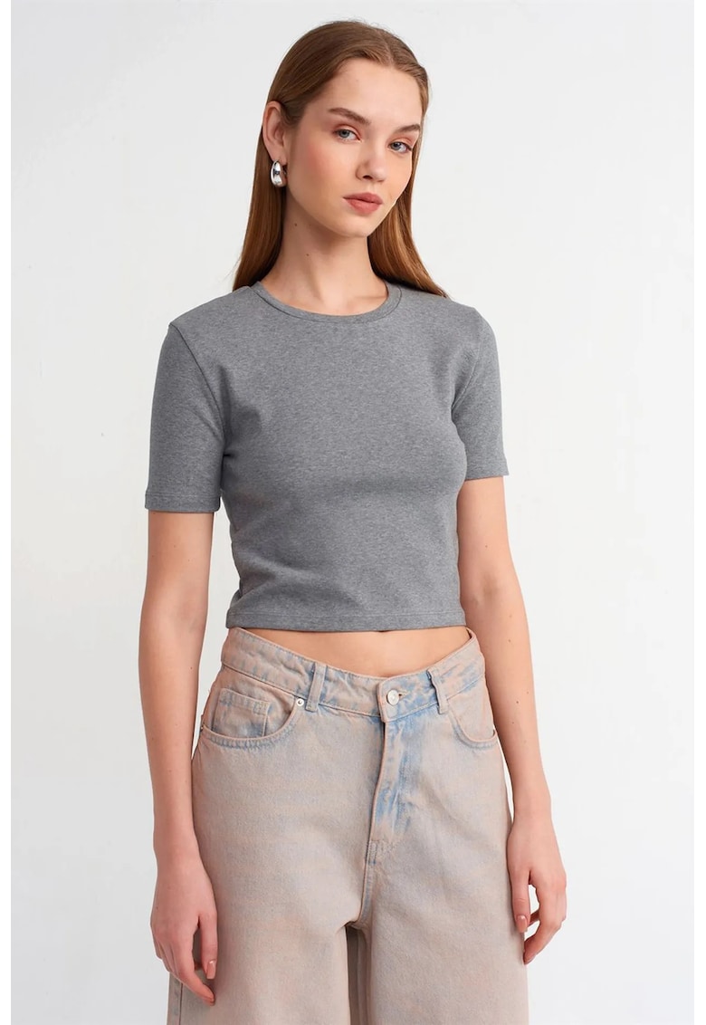 Tricou crop - slim fit - gri - bumbac cu elastan