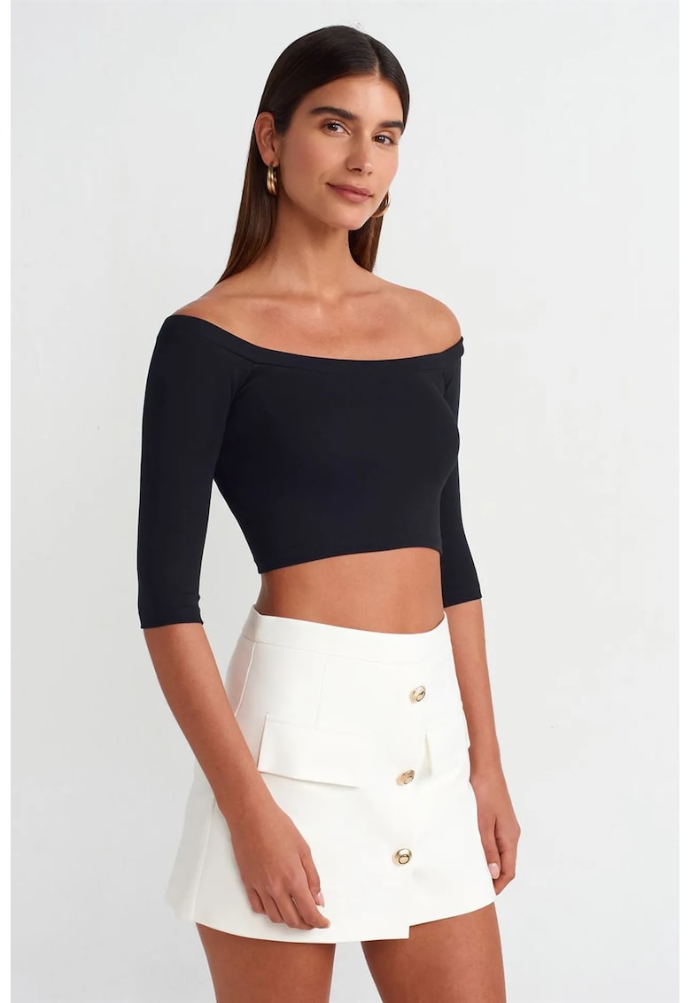 Bluza crop dama negru - bumbac cu elastan - decolteu off-shoulder - maneci trei sferturi
