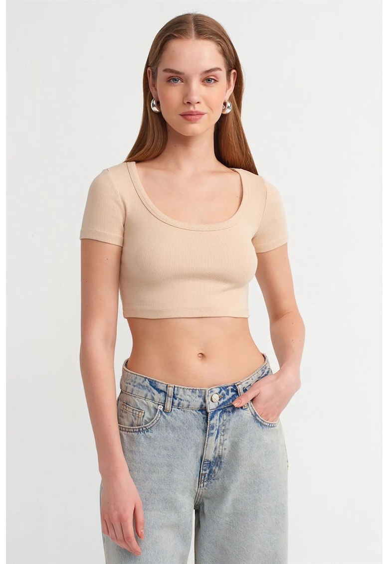 Tricou dama scurt - slim fit - bej natural - bumbac-elastan