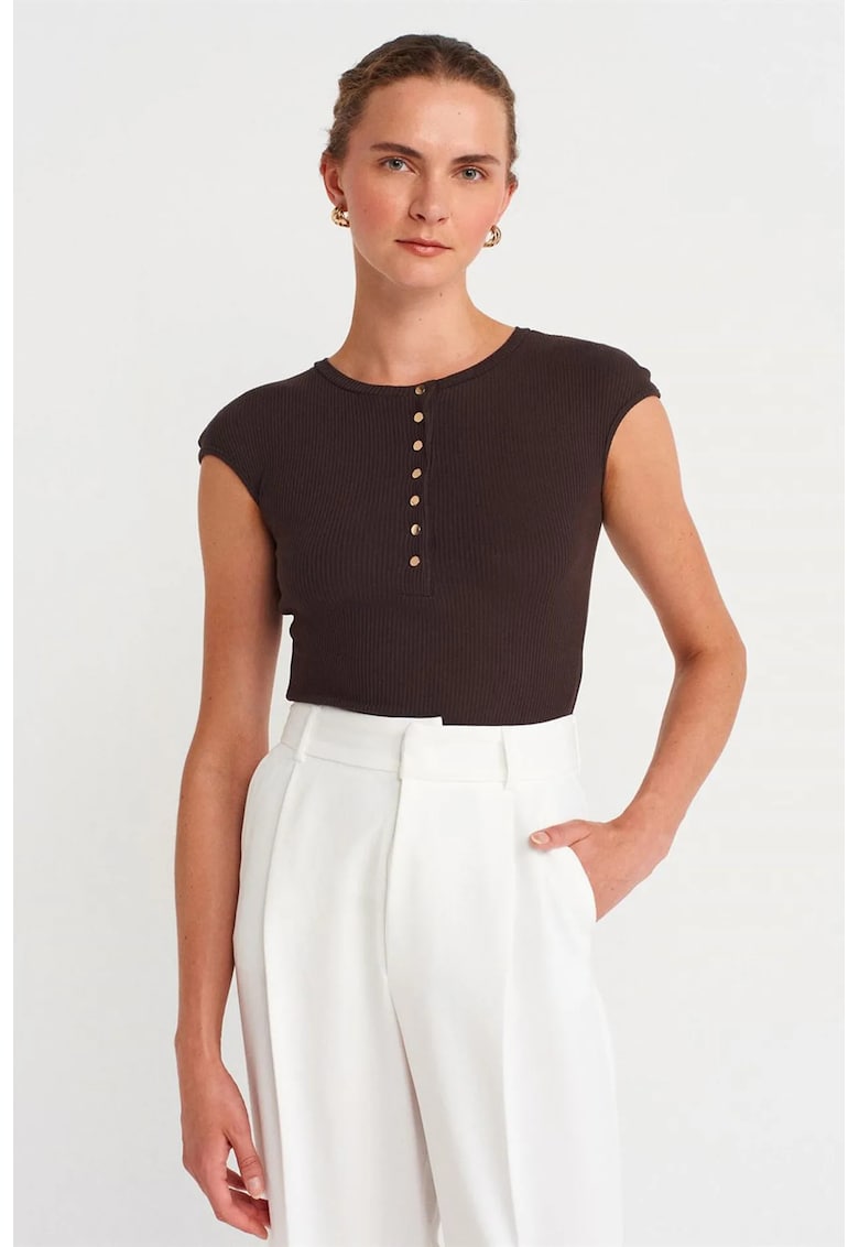 Tricou dama - mulat - cu guler rotund - maro cafea - bumbac cu elastan