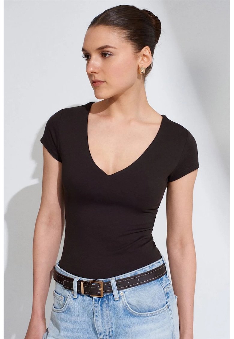 Bluze dama - bluza tricotata slim fit - decolteu in V - negru - bumbac cu elastan