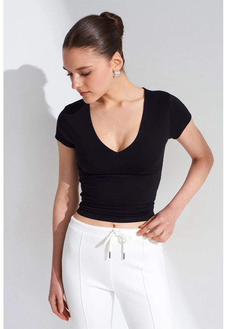 Bluza dama - slim fit - decolteu in V - negru - bumbac cu elastan
