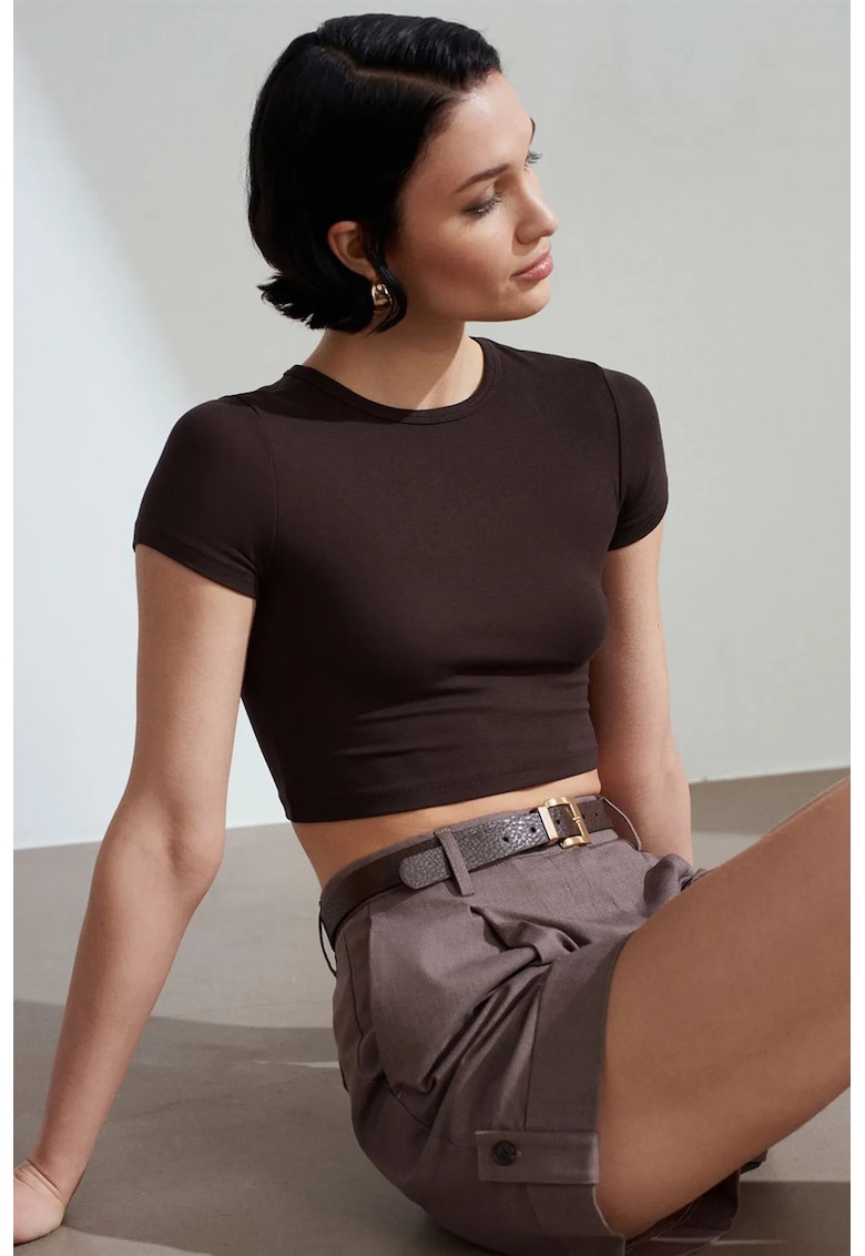 Tricou dama - Tricou Crop Slim-Fit - elastic - maro cafea - 96% viscoza - 4% elastan