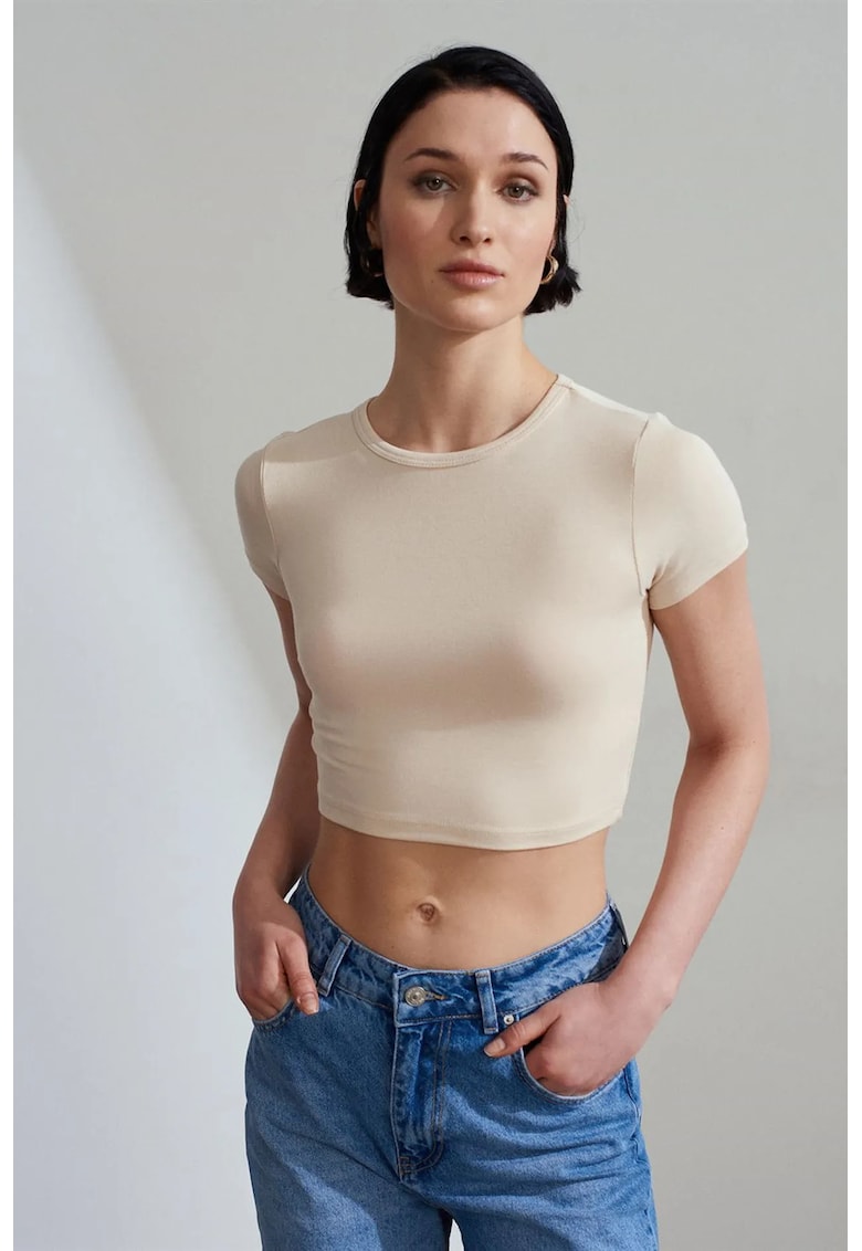 Tricou crop - slim fit - bej natural - elastic - 96% viscoza - 4% elastan