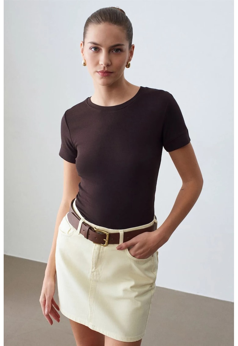 Tricou dama - tricou slim fit - maneca scurta - maro cafea - 57% bumbac - 38% modal - 5% elastan