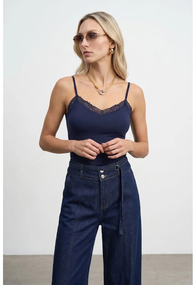 Bluza dama - slim fit - decolteu in V - albastru marin - modal cu elastan - captusita