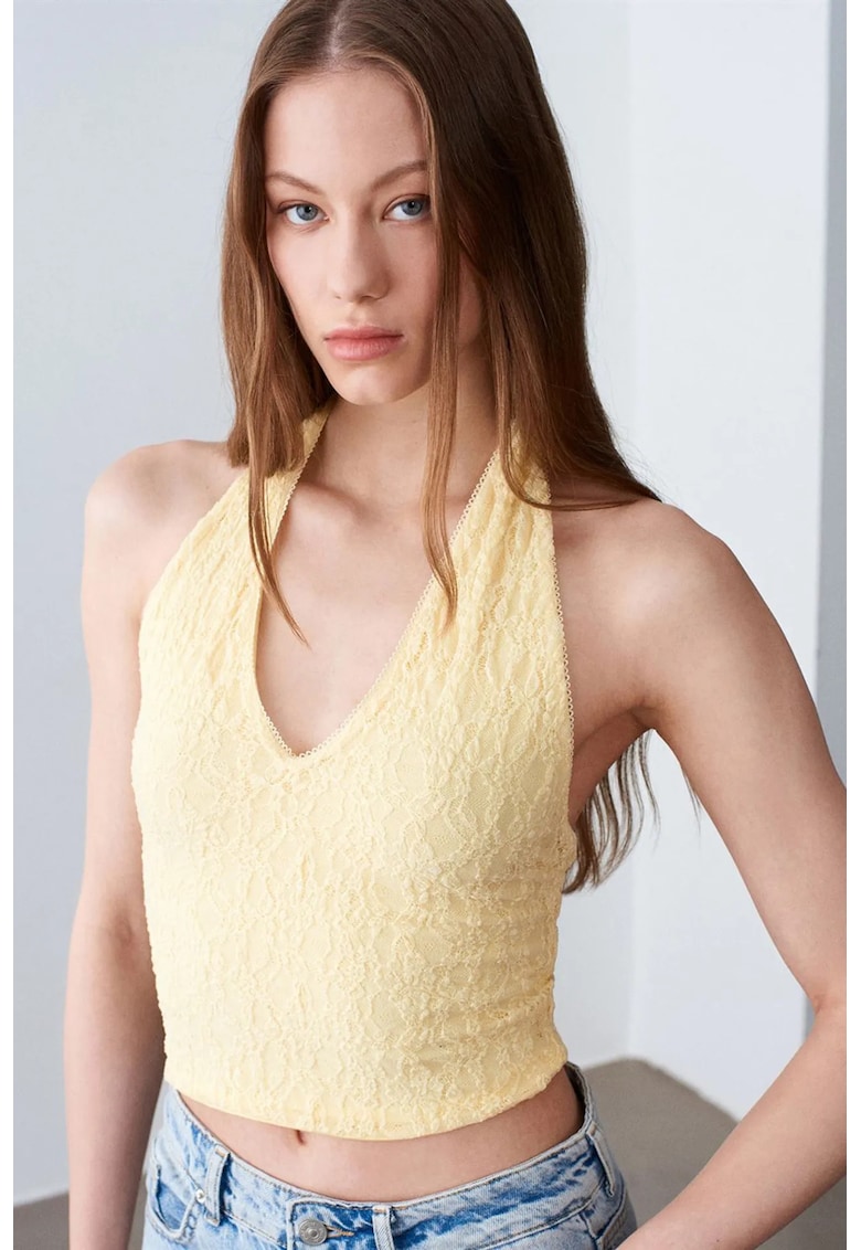 Bluza scurta guler halterneck - decupaj - Galben Lamaie - dantela