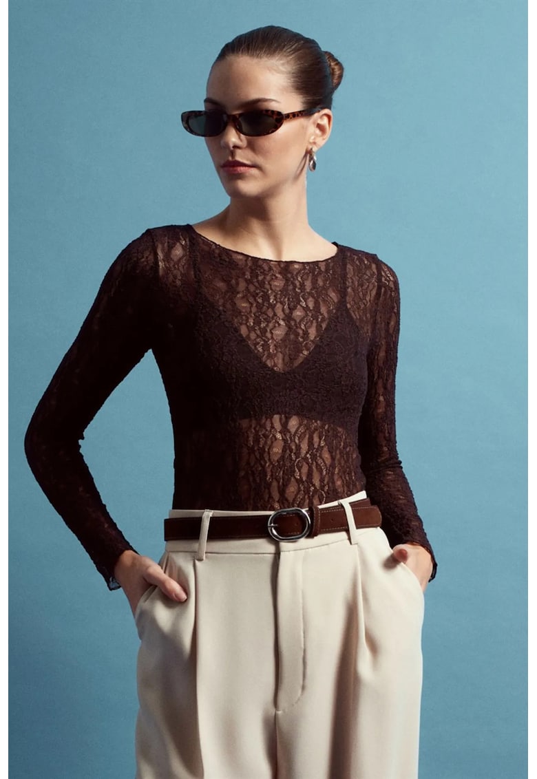 Bluza dama - Slim Fit cu Dantela - Negru - Poliamida si elastan