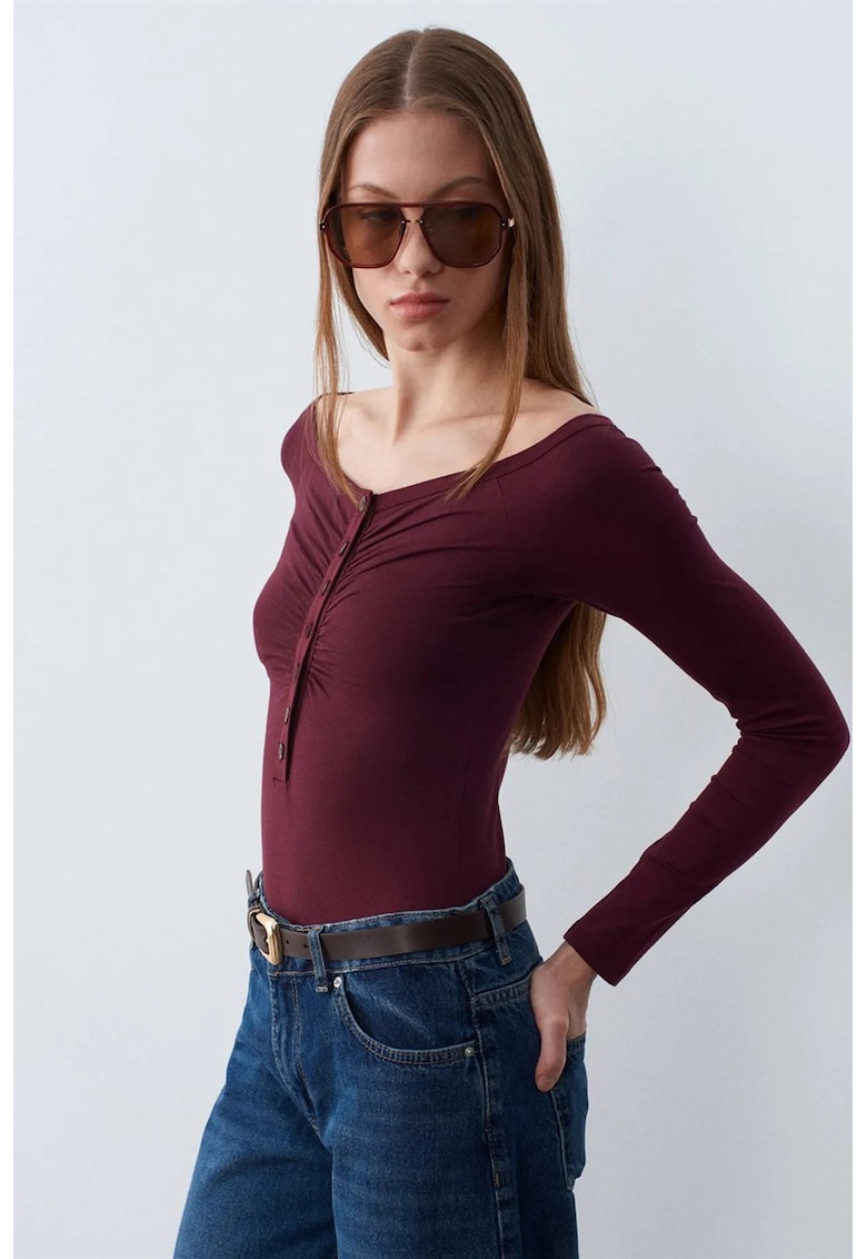 Bluza body slim-fit - decolteu barcuta - rosu burgundy - bumbac-modal-elastan