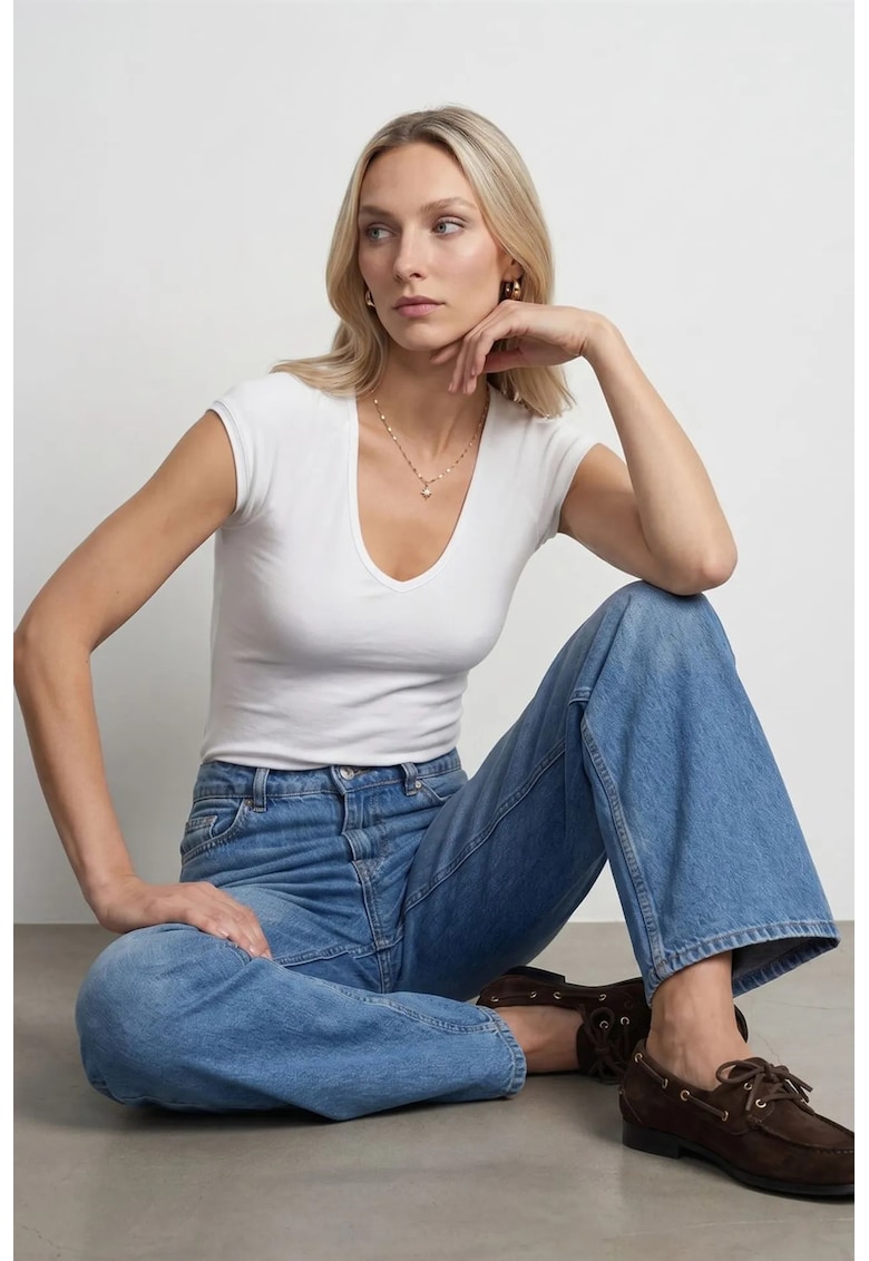 Bluza dama - crop slim fit - elastic - alb - bumbac/modal/elastan