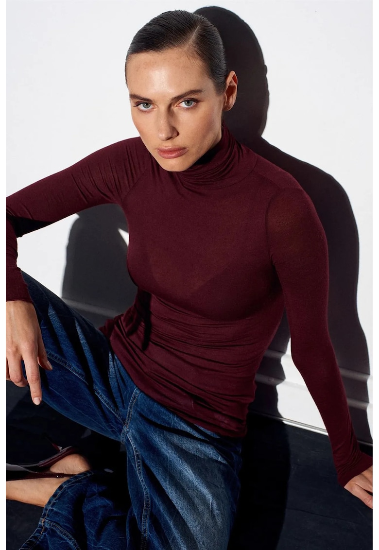 Bluza dama - din jerseu Slim Fit - elastic - rosu burgundy - maneca lunga