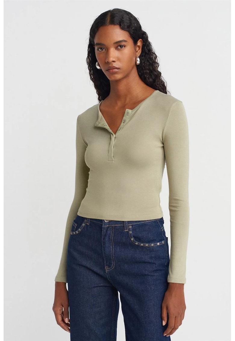 Bluze dama - Bluza Slim Fit - maneca lunga - verde salvie - bumbac/modal/elastan