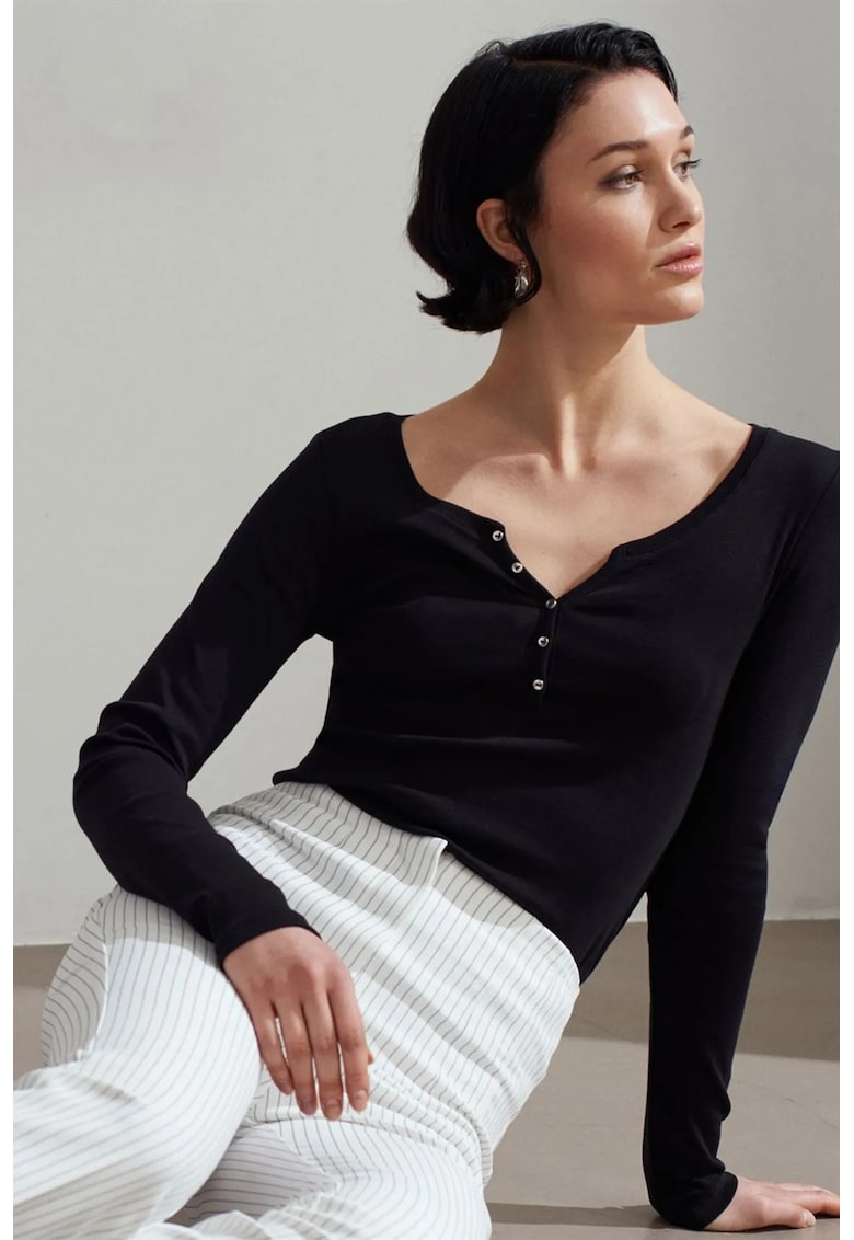Bluza dama - slim fit - maneca lunga - negru - bumbac