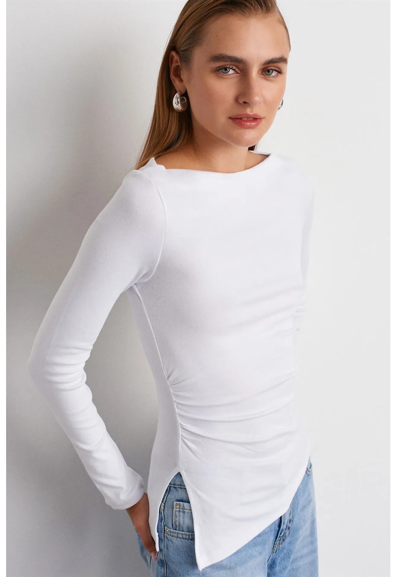 Bluza dama - bluza cu maneca lunga - croiala slim-fit - alb - bumbac/modal/elastan