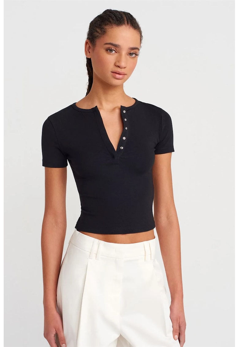 Bluza dama - Slim Fit Crop - maneca scurta - negru - jerseu