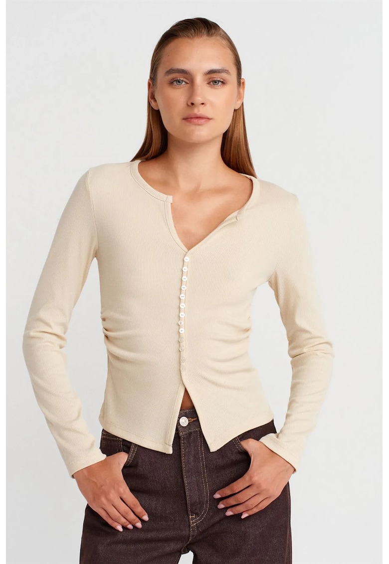 Bluze dama - Bluza Slim Fit cu nervuri - crem natural - poliester-viscoza-elastan