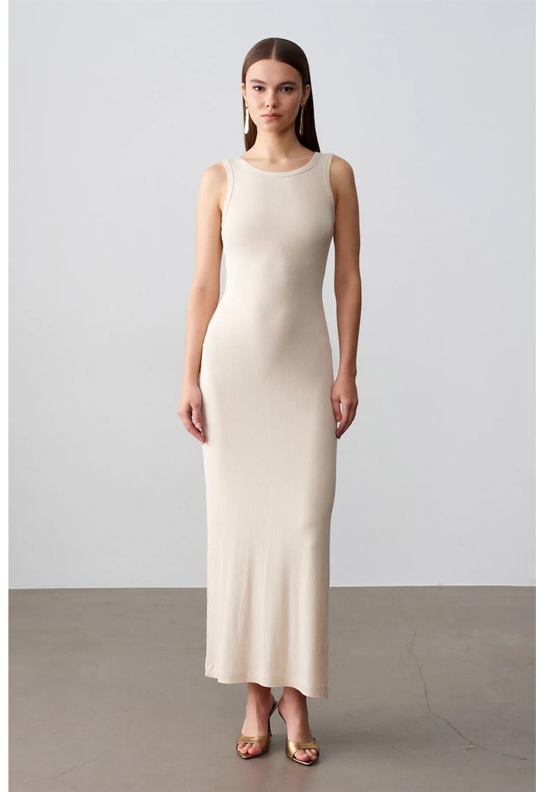 Rochie Maxi Bodycon Casual - Guler rotund - Cu nervuri - Oatmeal Natural - 97% viscoza/3% elastan