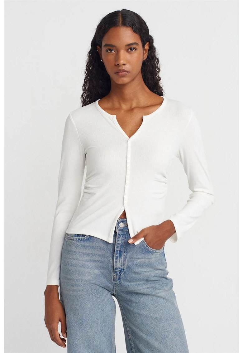 Bluze dama - Bluza Slim Fit cu Nasturi - Alb - Poliester-Viscoza-Elastan