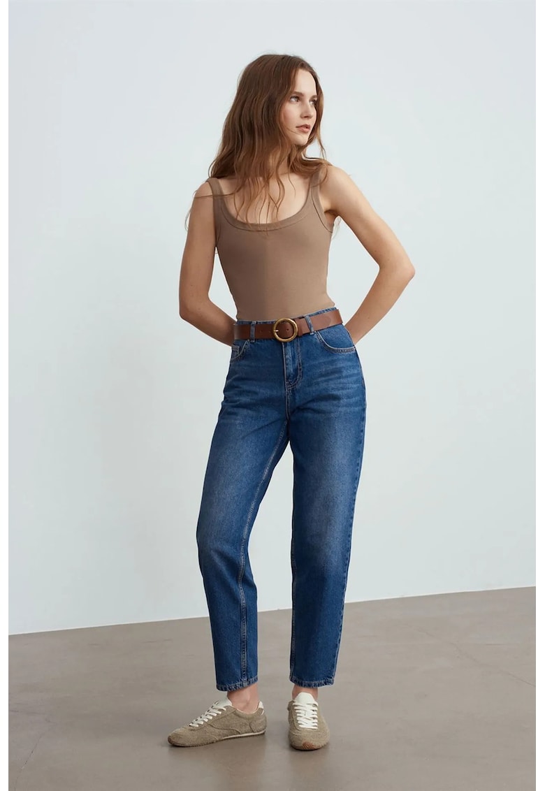 Blugi dama - talie joasa - croiala dreapta - denim albastru mediu - 100% bumbac