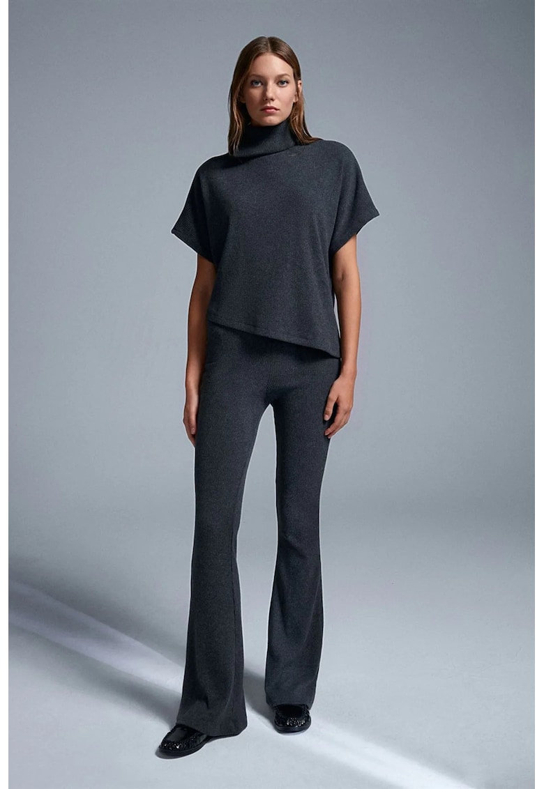 Pantaloni dama - tricotati evazati - talie inalta - gri antracit - elastic - 73% poliester