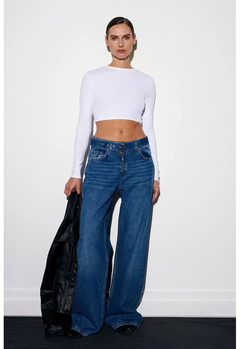 Blugi dama talie inalta croiala larga - denim albastru mediu - 100% bumbac