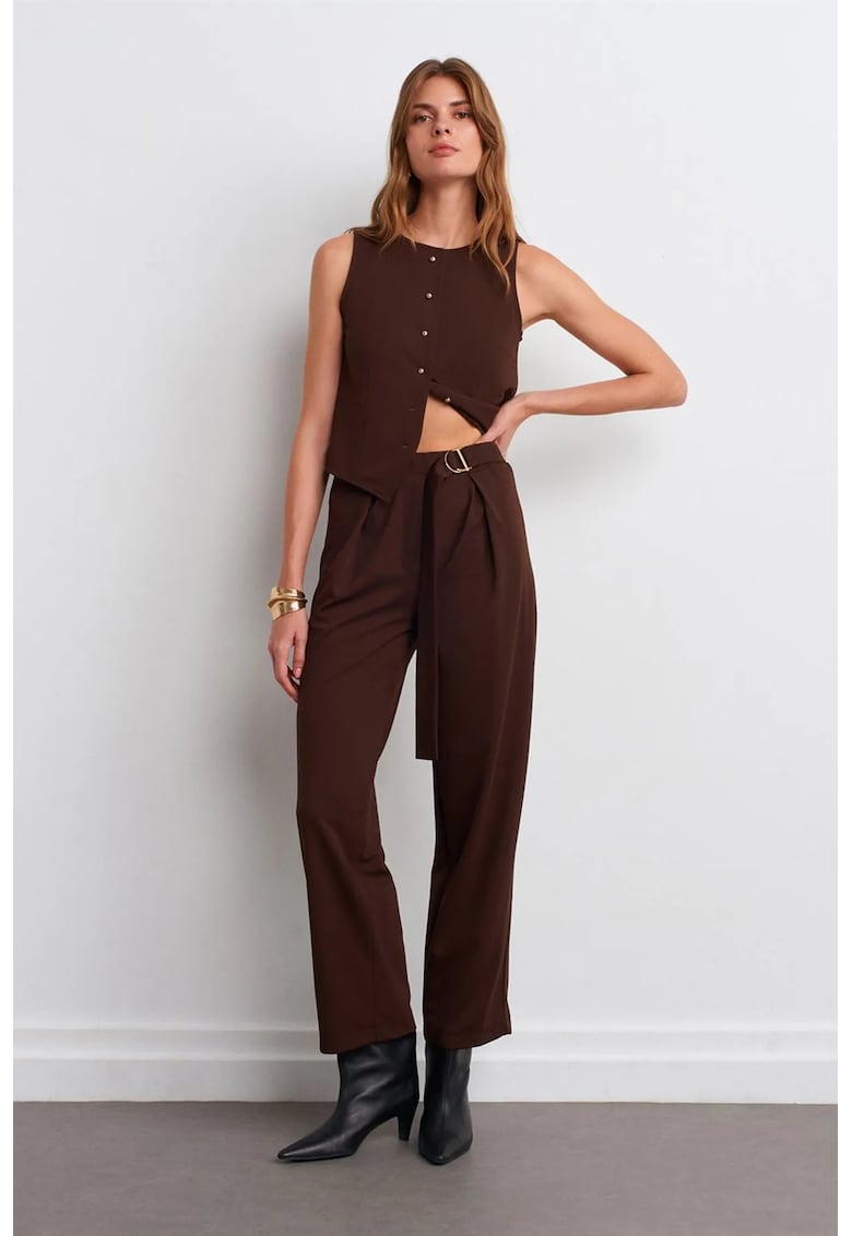 Pantaloni dama - cu talie inalta - picior larg - maro cafea - poliester