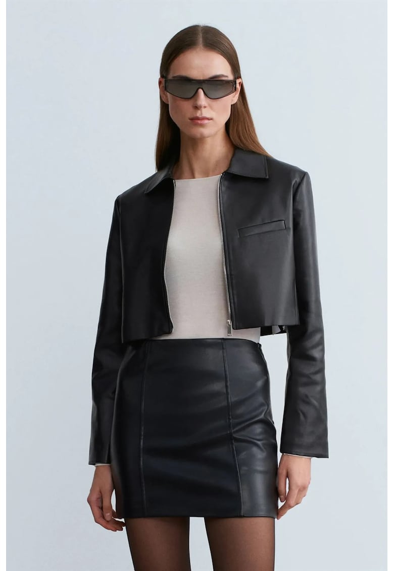 Fusta mini eleganta - cu talie inalta - din imitatie de piele - negru