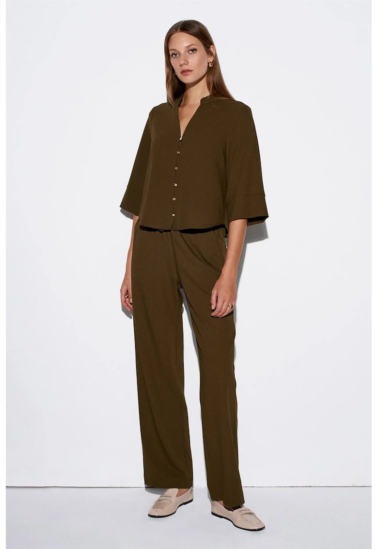 Pantaloni dama - picior larg - elastic - poliester - Verde masliniu