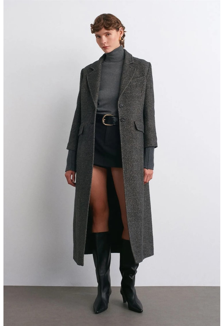 Palton lung - gri antracit - casual - din tweed texturat - cu buzunar - pentru femei