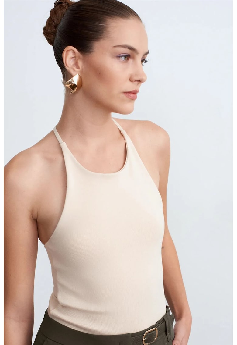 Bluza dama - Bluza Slim Fit cu guler Halterneck - Bej Natural - 95% bumbac - 5% elastan