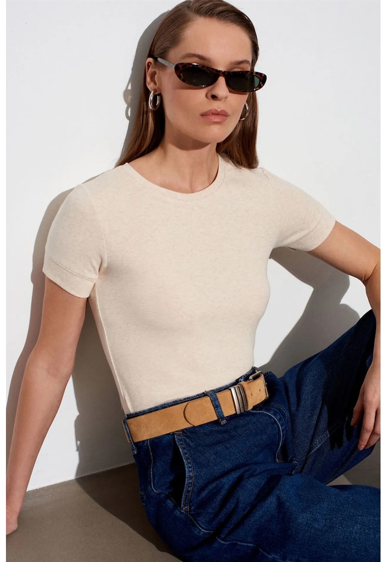 Tricouri dama - tricou cu guler rotund - slim fit - Oatmeal Natural - 57% bumbac - 38% modal - 5% elastan